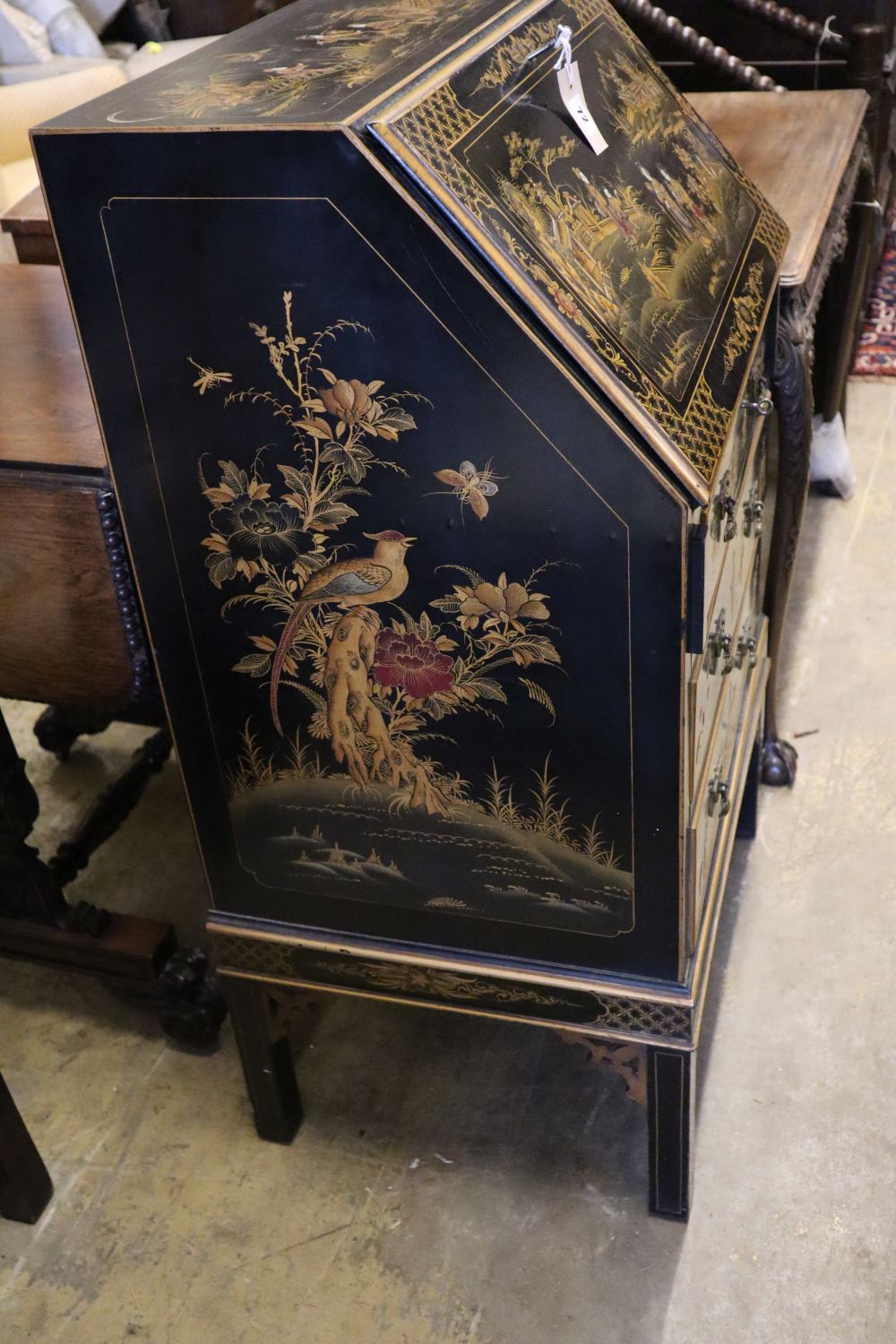 An early 20th century chinoiserie lacquer bureau, width 62cm depth 46cm height 104cm